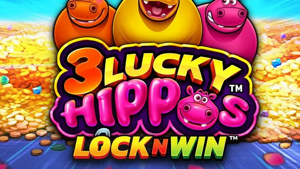 Interface do jogo de cassino 3 Lucky Hippos com elementos visuais coloridos