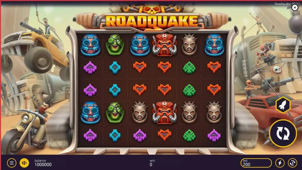Cena de ação intensa no slot Roadquake com elementos de combate veicular e explosões neon.