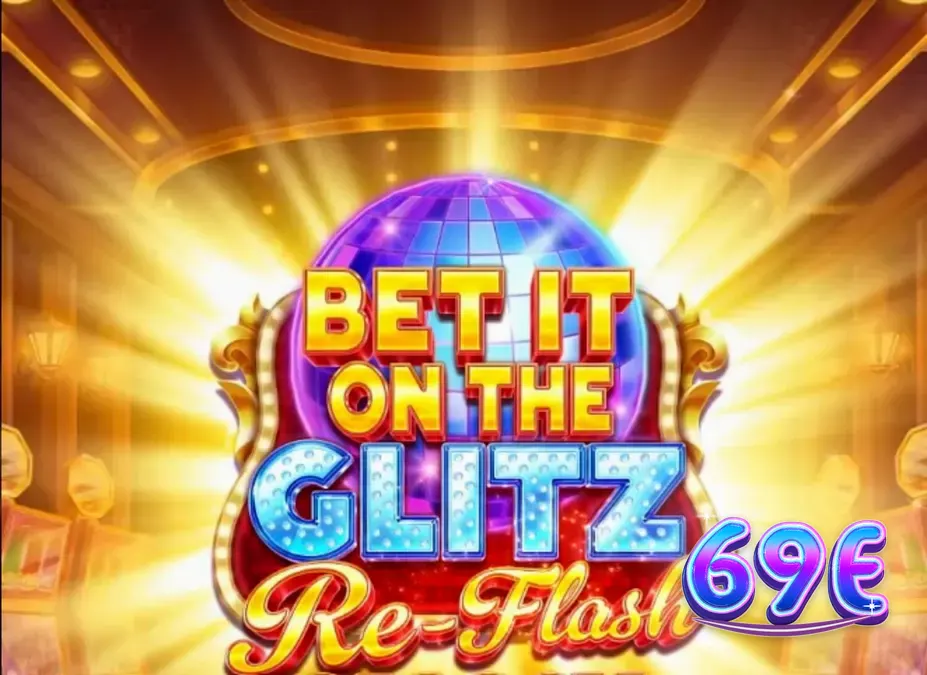 Painel brilhante do slot Bet It on the Glitz Re-Flash com luzes de neon e símbolos de pedras preciosas.